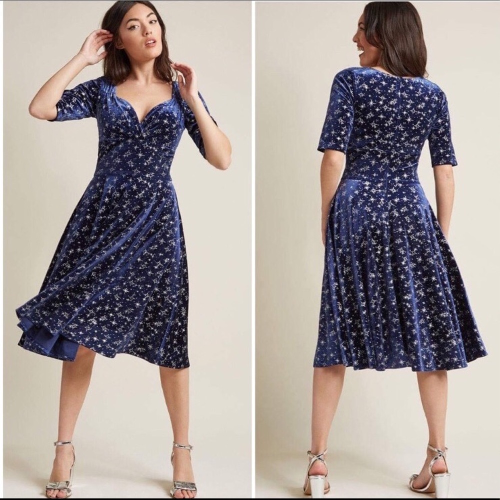 NWT ModCloth Trixie velvet sparkle blue doll dress